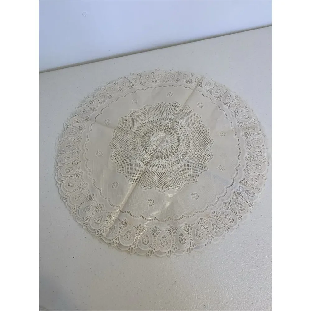 Vintage 70s-80s Silicone Lace Tablecloth Doily Round Ivory Table Topper Lot Of 7